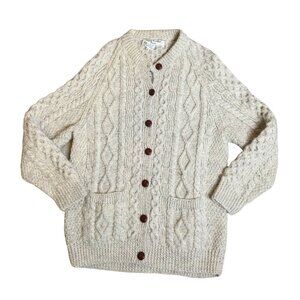 Hand Knitted Aran Button Front Wool Cardigan Sweater Cable Knit Beige Size 38